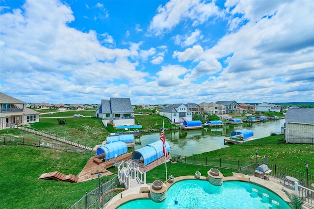 12590 St Ann Ct, Willis, TX 77318 - view of pool with a residential view, a dock, and a water view