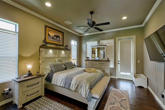 12590 St Ann Ct, Willis, TX 77318 - bedroom featuring baseboards, ornamental molding, dark wood-style flooring, recessed lighting, and a ceiling fan