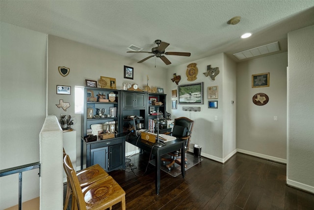12590 St Ann Ct, Willis, TX 77318 - office area with ceiling fan, dark wood-style flooring, a textured ceiling, baseboards, and recessed lighting