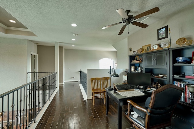 12590 St Ann Ct, Willis, TX 77318 - office space with wood finished floors, ceiling fan, a textured ceiling, and recessed lighting