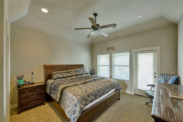 12590 St Ann Ct, Willis, TX 77318 - bedroom featuring light colored carpet, vaulted ceiling, baseboards, recessed lighting, and a textured ceiling
