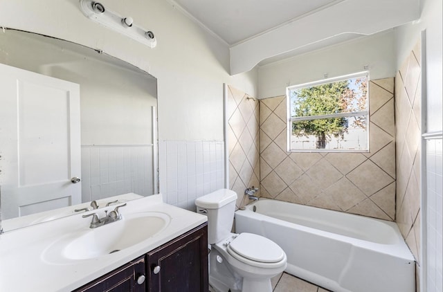 4637 Carmen St, Houston, TX 77051 - full bathroom featuring toilet, vanity, bathtub / shower combination, tile patterned floors, and crown molding