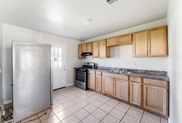 4637 Carmen St, Houston, TX 77051 - kitchen featuring appliances with stainless steel finishes, under cabinet range hood, dark countertops, a sink, and light brown cabinetry