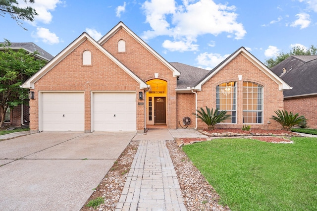 7624 Lone Meadow Ct, Houston, TX 77095 - view of front of property featuring brick siding, driveway, an attached garage, and a front lawn