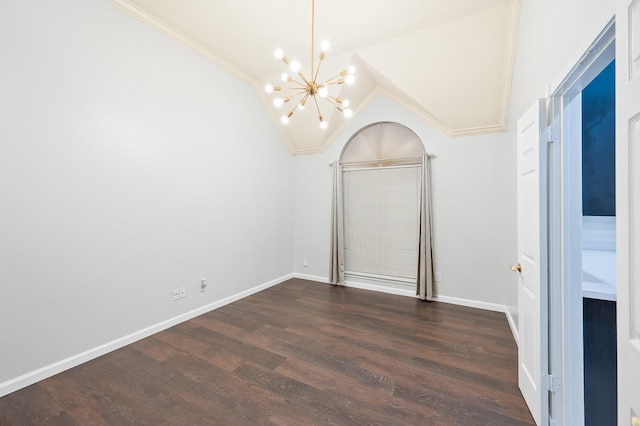 7624 Lone Meadow Ct, Houston, TX 77095 - unfurnished dining area with a chandelier, vaulted ceiling, dark wood-type flooring, crown molding, and baseboards