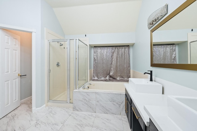 7624 Lone Meadow Ct, Houston, TX 77095 - full bath with a stall shower, a bath, marble finish flooring, lofted ceiling, and double vanity