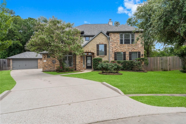 view of front of house with a chimney, brick siding, roof with shingles, and concrete driveway