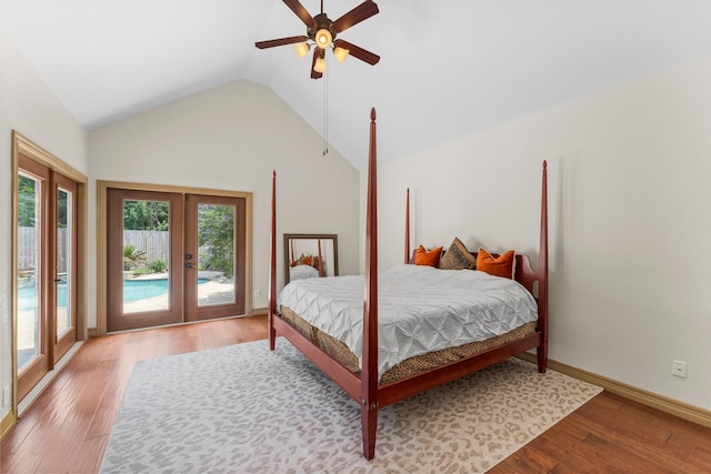 bedroom featuring access to exterior, french doors, vaulted ceiling, light wood finished floors, and a ceiling fan