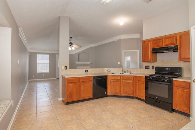3532 Choctaw Dr, La Porte, TX 77571 - kitchen with black appliances, a sink, under cabinet range hood, crown molding, and a ceiling fan