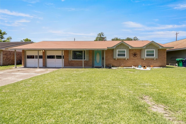 ranch-style house with a garage, driveway, brick siding, and a front yard