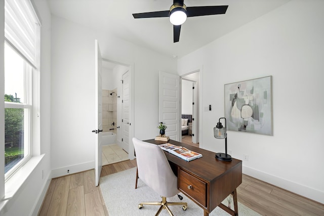 7117 Goforth St, Houston, TX 77021 - home office with light wood-style floors, ceiling fan, and baseboards