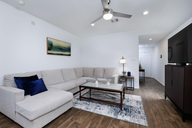 9905 Glenbrook Ln, Magnolia, TX 77354 - living room featuring dark wood-style flooring, a ceiling fan, recessed lighting, and baseboards