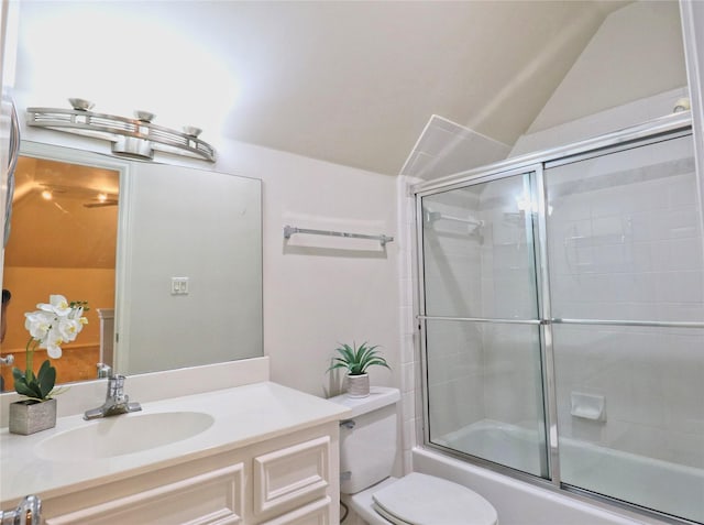 3628 Timberside Circle Dr, Houston, TX 77025 - full bath featuring lofted ceiling, bath / shower combo with glass door, toilet, and vanity
