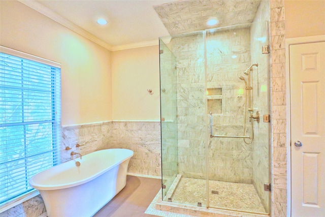3628 Timberside Circle Dr, Houston, TX 77025 - full bath with a freestanding tub, ornamental molding, a shower stall, wainscoting, and recessed lighting