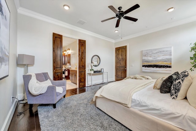2010 Sabine St, Houston, TX 77007 - bedroom with ornamental molding, wood finished floors, baseboards, recessed lighting, and ensuite bathroom
