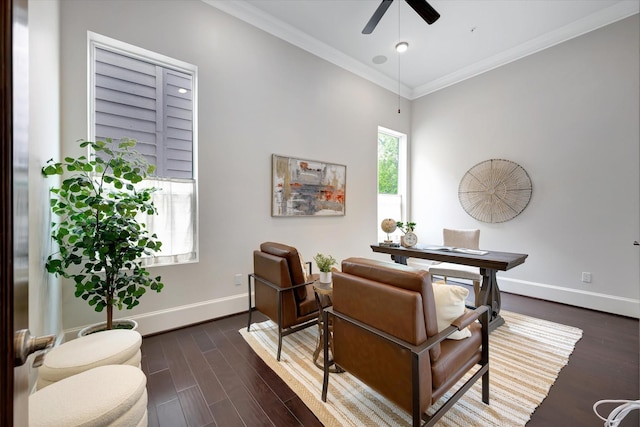 2010 Sabine St, Houston, TX 77007 - office area with baseboards, a ceiling fan, dark wood-style flooring, and crown molding