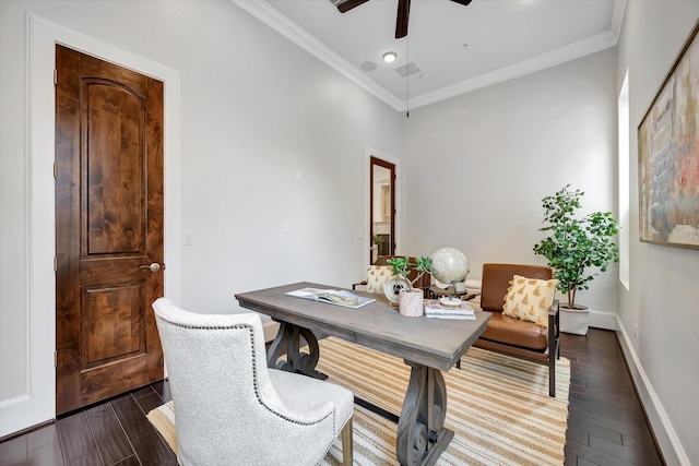 2010 Sabine St, Houston, TX 77007 - office with dark wood-style flooring, ceiling fan, ornamental molding, and baseboards