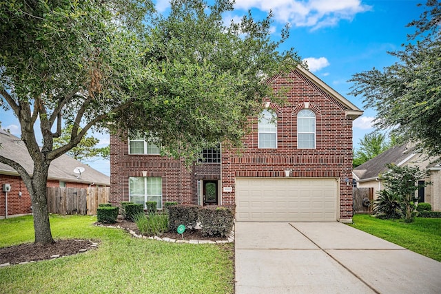 traditional home featuring brick siding, concrete driveway, and a garage