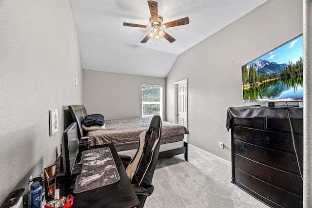 bedroom with carpet floors, baseboards, a ceiling fan, and vaulted ceiling