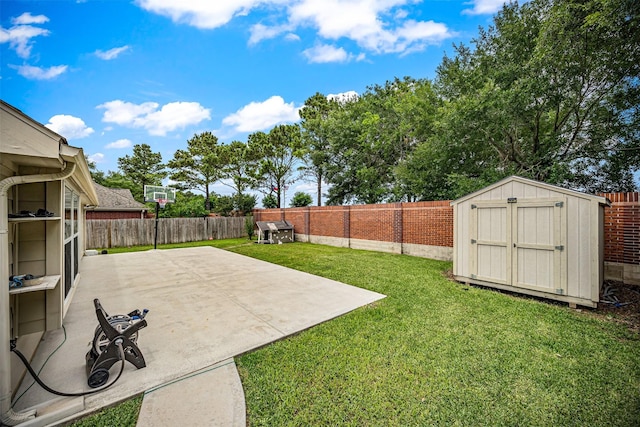 view of yard featuring a shed, a patio, and an outdoor structure