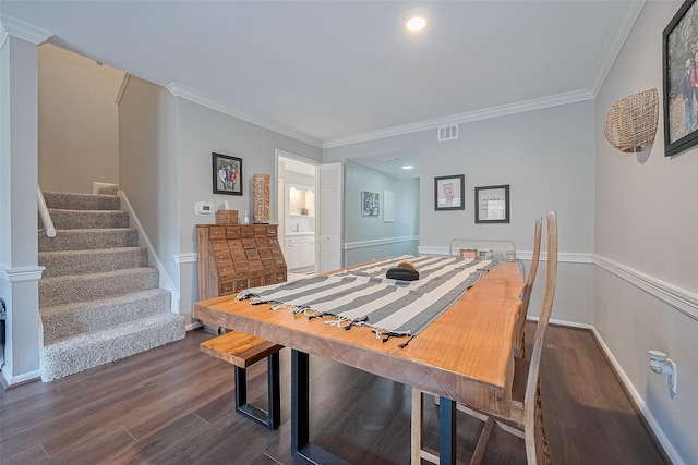 dining room with dark wood-style floors, stairway, crown molding, baseboards, and recessed lighting