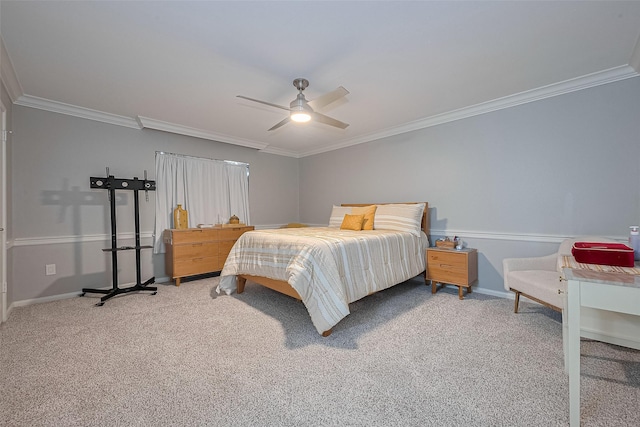 bedroom with ornamental molding, carpet, baseboards, and ceiling fan