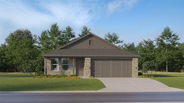 444 Shoreview Dr, Conroe, TX 77303 - single story home featuring an attached garage, a front lawn, driveway, and brick siding