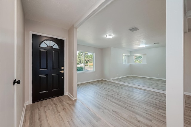 entrance foyer featuring light wood-style floors, plenty of natural light, baseboards, and a textured ceiling