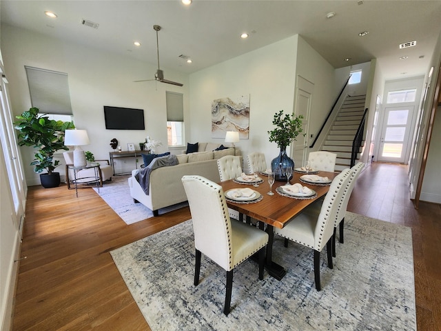 3308 Cardinal Crest Ln, Houston, TX 77080 - dining room featuring healthy amount of natural light, hardwood / wood-style flooring, stairs, ceiling fan, and recessed lighting