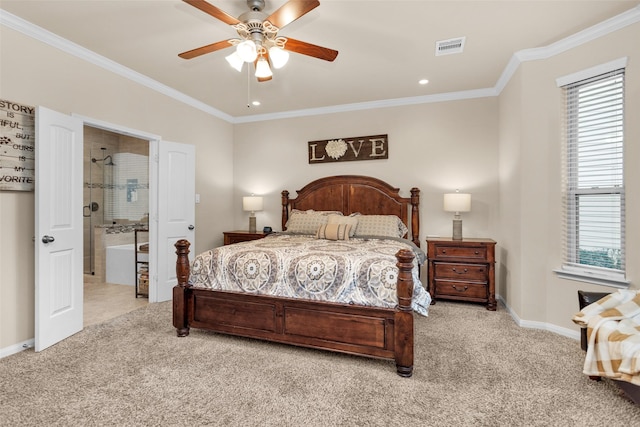 13607 Summer Hill Dr, Montgomery, TX 77356 - carpeted bedroom with multiple windows, crown molding, baseboards, ceiling fan, and connected bathroom