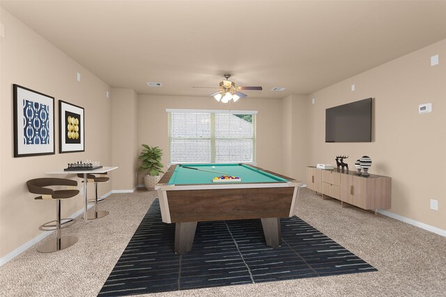 13607 Summer Hill Dr, Montgomery, TX 77356 - game room featuring carpet, billiards table, baseboards, and a ceiling fan