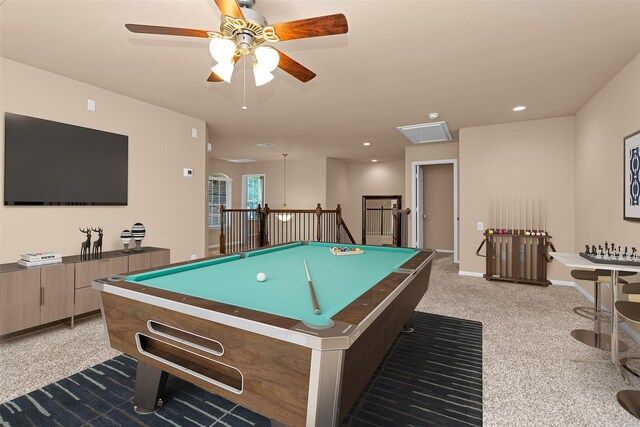 13607 Summer Hill Dr, Montgomery, TX 77356 - recreation room with carpet floors, billiards, ceiling fan, and recessed lighting