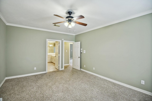 4011 N Water Iris Ct, Houston, TX 77059 - unfurnished bedroom with light carpet, ornamental molding, baseboards, ensuite bathroom, and a ceiling fan