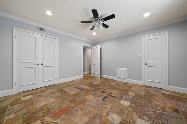 3402 Garrott St Unit 13, Houston, TX 77006 - unfurnished bedroom featuring stone tile floors, ornamental molding, recessed lighting, baseboards, and ceiling fan