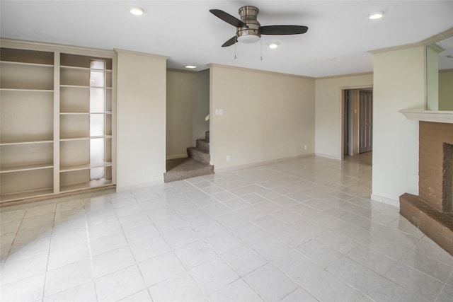 unfurnished living room featuring a ceiling fan, stairs, a fireplace, tile patterned flooring, and recessed lighting