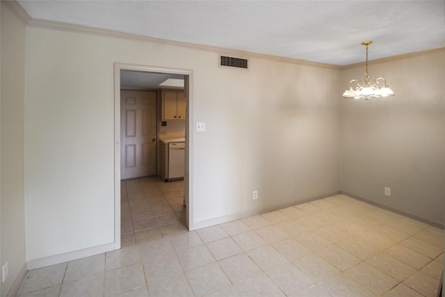 empty room with ornamental molding, a chandelier, baseboards, and light tile patterned flooring