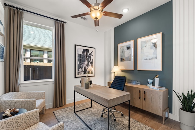 12027 Crooked Creek Ln, Santa Fe, TX 77510 - home office featuring ceiling fan, wood finished floors, and baseboards