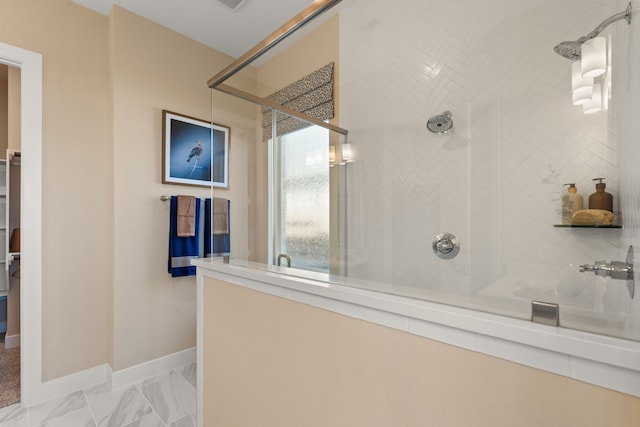 12027 Crooked Creek Ln, Santa Fe, TX 77510 - full bathroom featuring tiled shower, baseboards, and marble finish floors