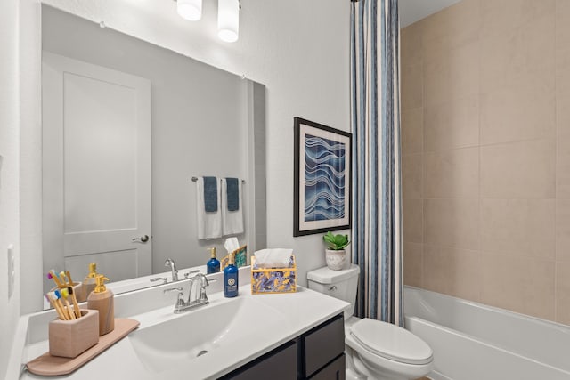 12027 Crooked Creek Ln, Santa Fe, TX 77510 - bathroom featuring toilet, vanity, and shower / bathtub combination with curtain