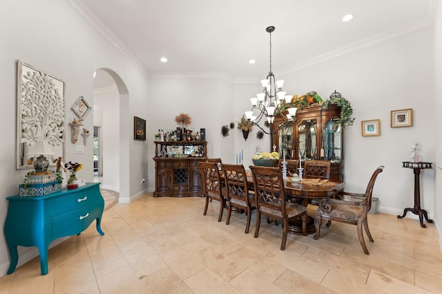 9436 Hufsmith Rd, Tomball, TX 77375 - dining space featuring arched walkways, recessed lighting, crown molding, a chandelier, and baseboards