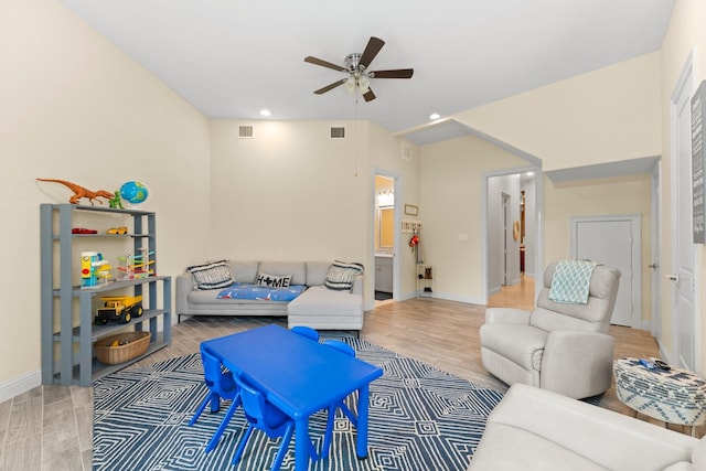 9436 Hufsmith Rd, Tomball, TX 77375 - living area with a ceiling fan, baseboards, wood finished floors, and recessed lighting