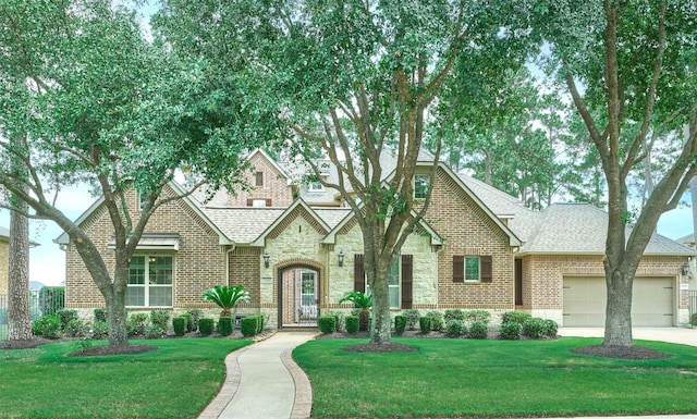 13606 Oak Harbor Bnd, Cypress, TX 77429 - view of front of property with stone siding, a garage, a shingled roof, and brick siding