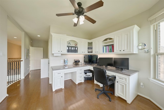 13606 Oak Harbor Bnd, Cypress, TX 77429 - office featuring built in desk, ceiling fan, plenty of natural light, and recessed lighting