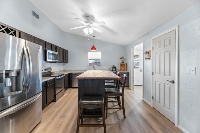 518 Marine Way, Freeport, TX 77541 - kitchen featuring stainless steel appliances, lofted ceiling, light wood-type flooring, dark brown cabinetry, and a ceiling fan
