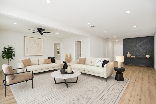 1915 Springrock Ln, Houston, TX 77080 - living room featuring recessed lighting, light wood-style floors, and ceiling fan