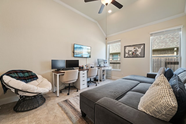 bedroom featuring a desk, crown molding, baseboards, lofted ceiling, and ceiling fan