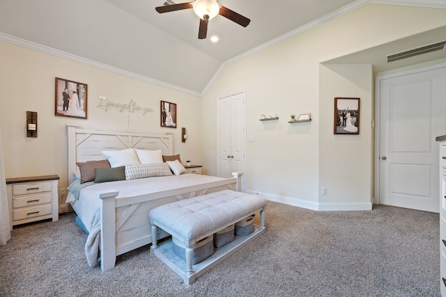 carpeted bedroom with lofted ceiling, ornamental molding, baseboards, ceiling fan, and recessed lighting