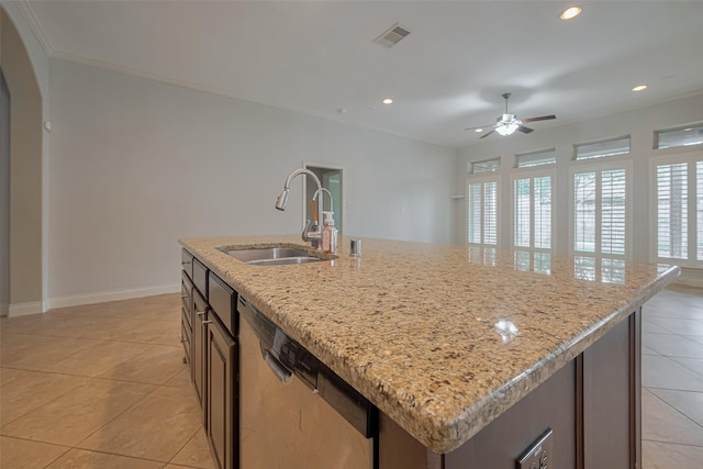 kitchen featuring a sink, dishwasher, light tile patterned floors, a ceiling fan, and recessed lighting