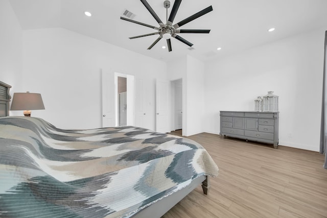 1827 Woodtrace Blvd, Pinehurst, TX 77362 - bedroom featuring wood finished floors, recessed lighting, a ceiling fan, and vaulted ceiling