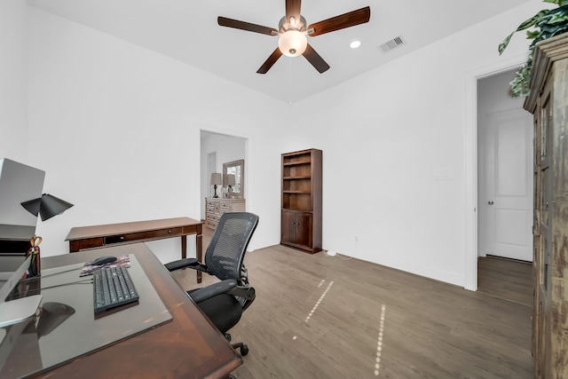 1827 Woodtrace Blvd, Pinehurst, TX 77362 - office space featuring a ceiling fan, wood finished floors, baseboards, and recessed lighting
